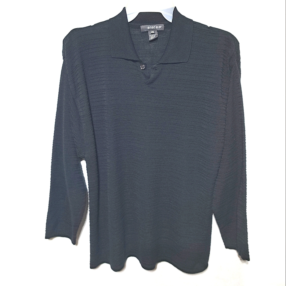 Slates Loose Men's 2XL black Long Sleeve Acrylic Polo Shirt vintage made/KOREA